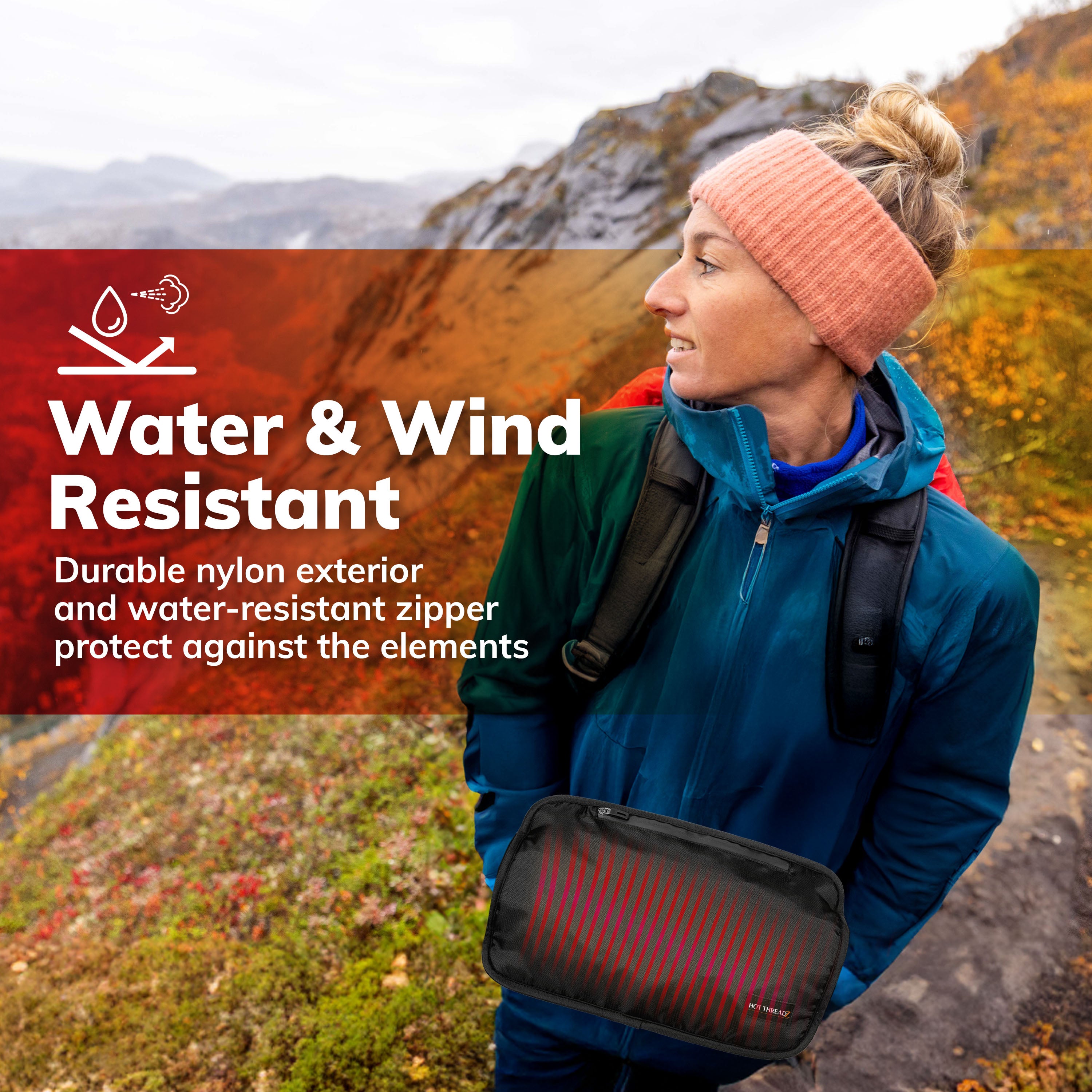 Hot Threadz Heated Hand Warmer 3 Heat Settings Water-Resistant Nylon Rechargeable Battery Black