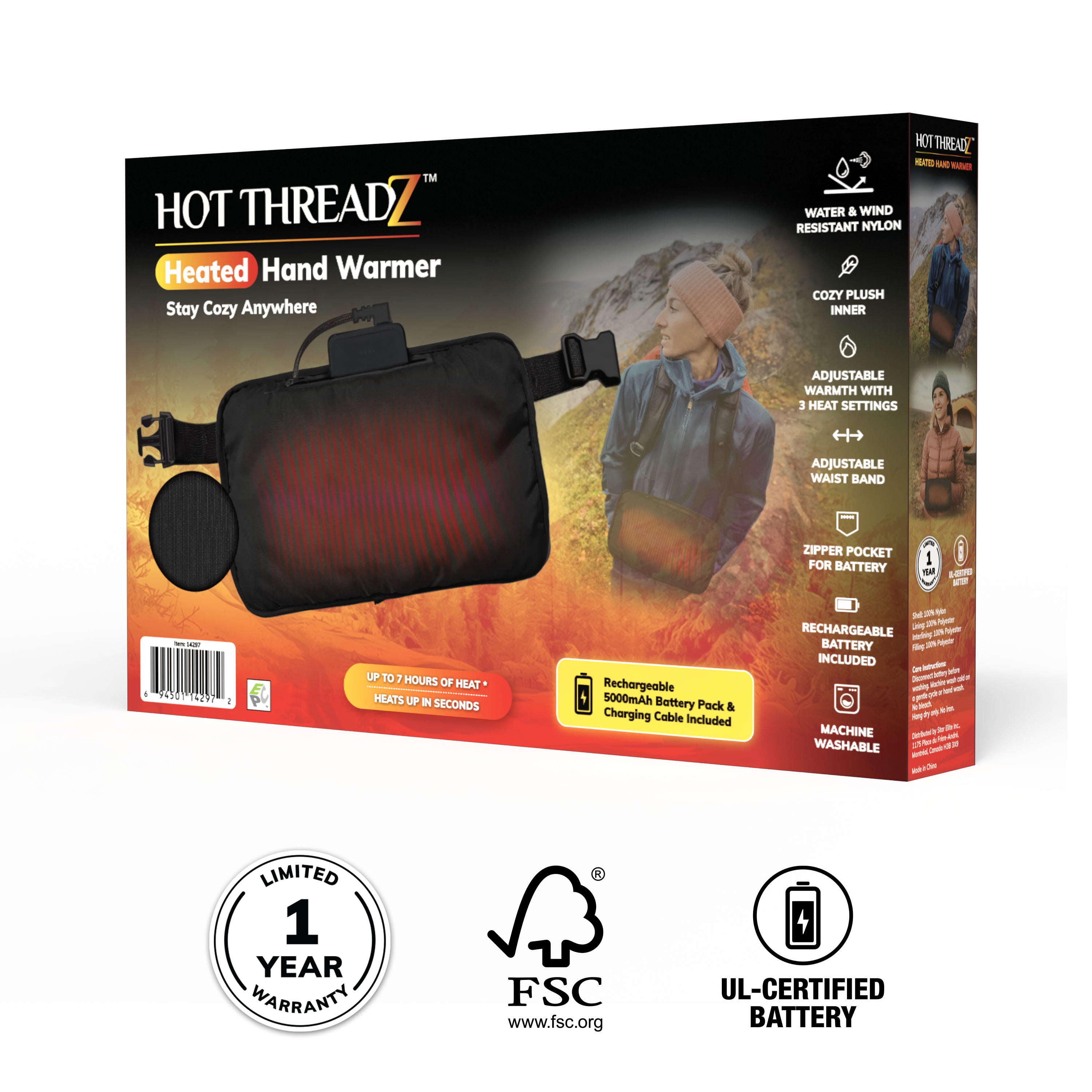 Hot Threadz Heated Hand Warmer 3 Heat Settings Water-Resistant Nylon Rechargeable Battery Black