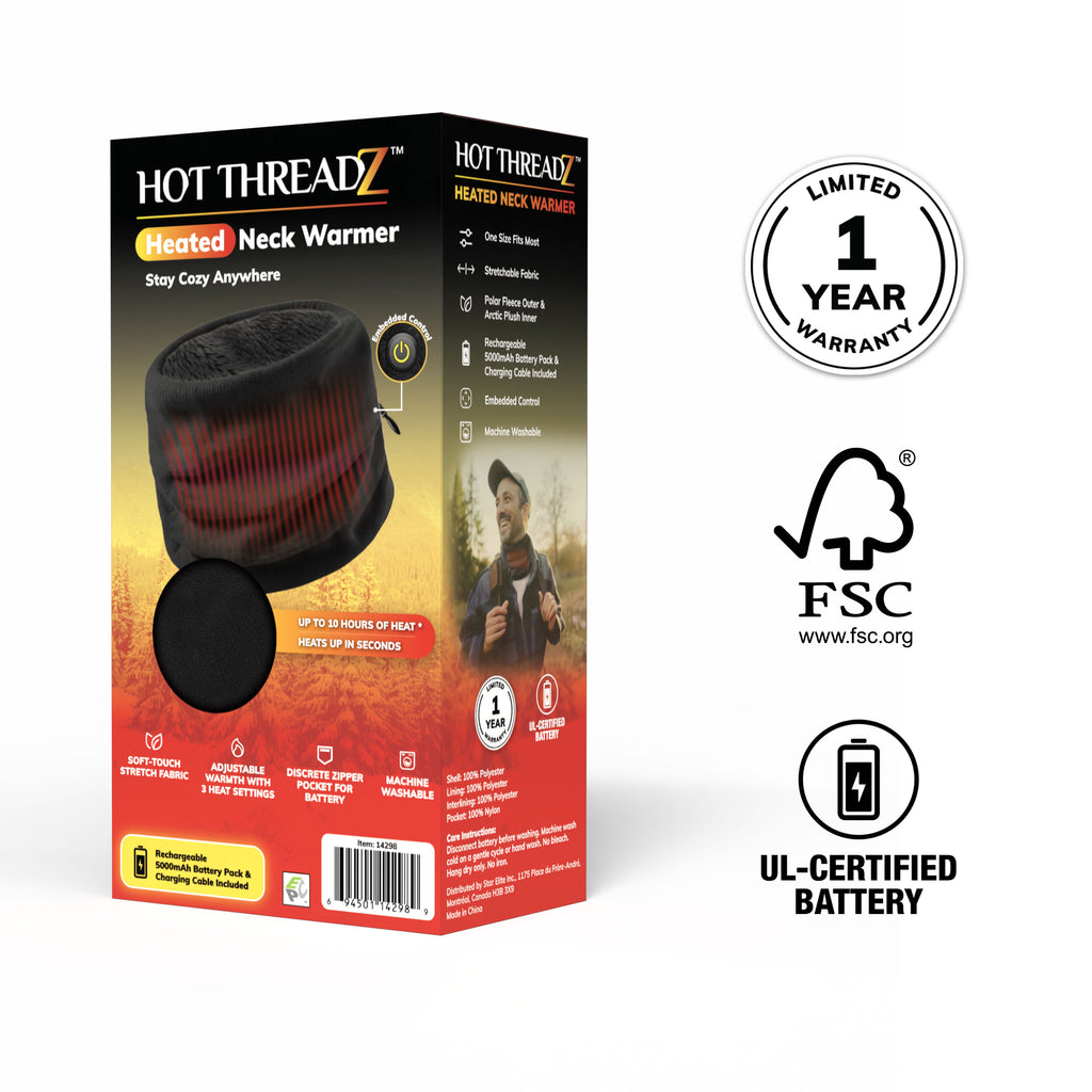 Hot Threadz Heated Neck Warmer 3 Heat Settings Polar Fleece & Arctic Plush Rechargeable Black