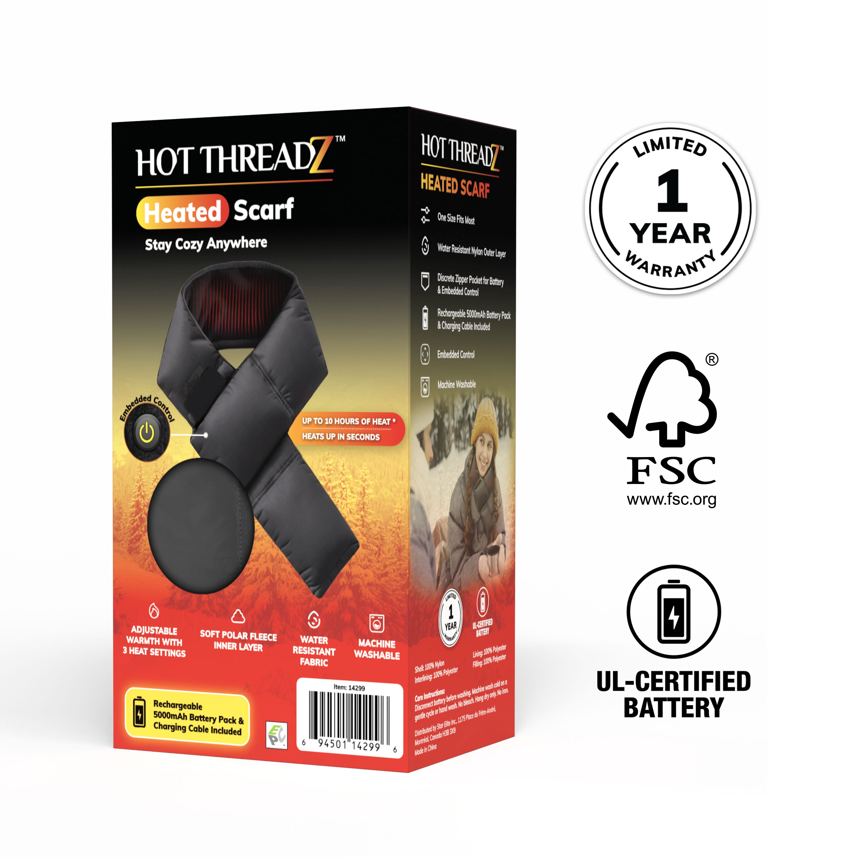 Hot Threadz Heated Scarf, Rechargeable, 3 Heat Settings, Water Resistant, Fleece Lined, Solid Pattern, Adult Unisex, Gray, One Size